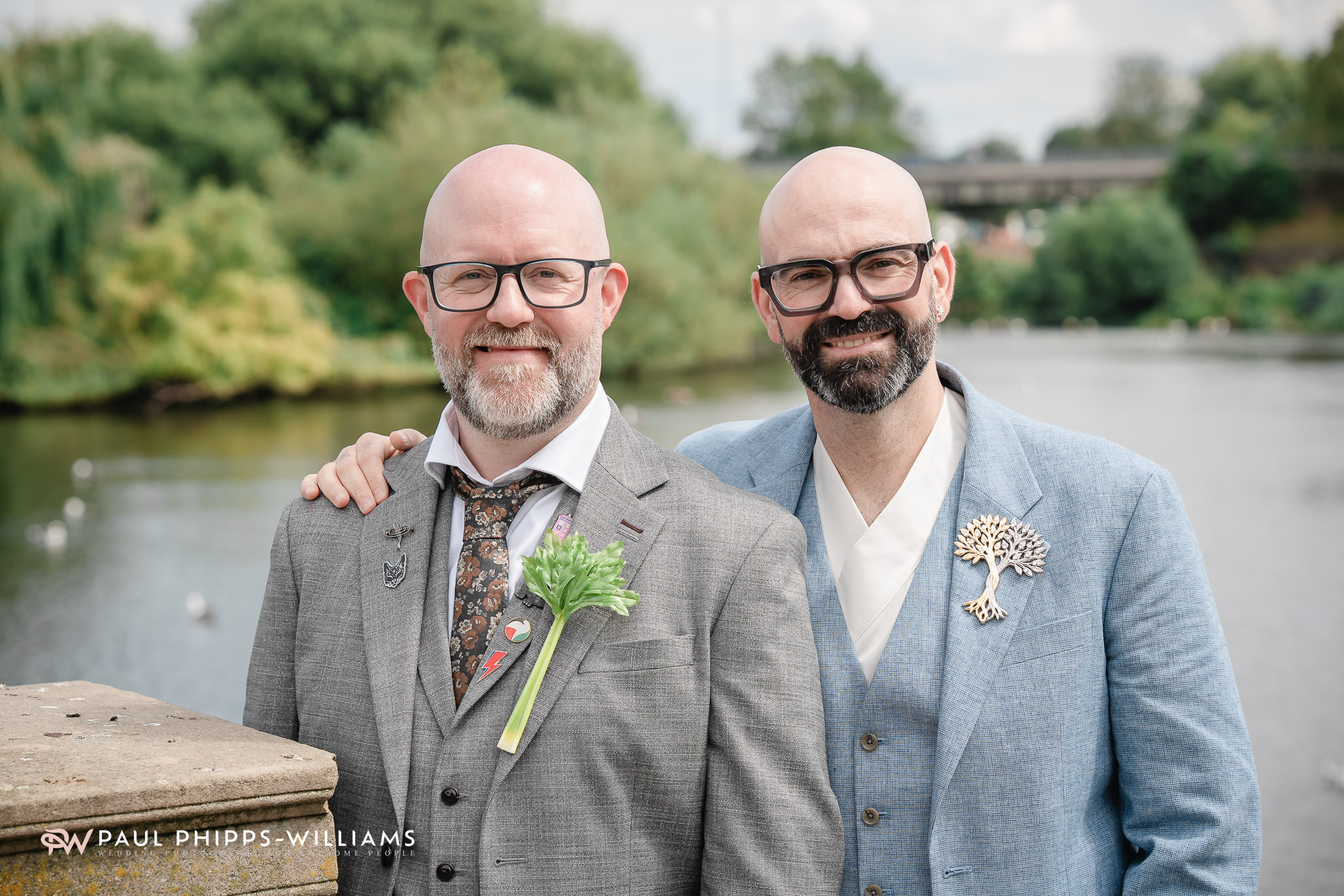 Two grooms by the river in Derby