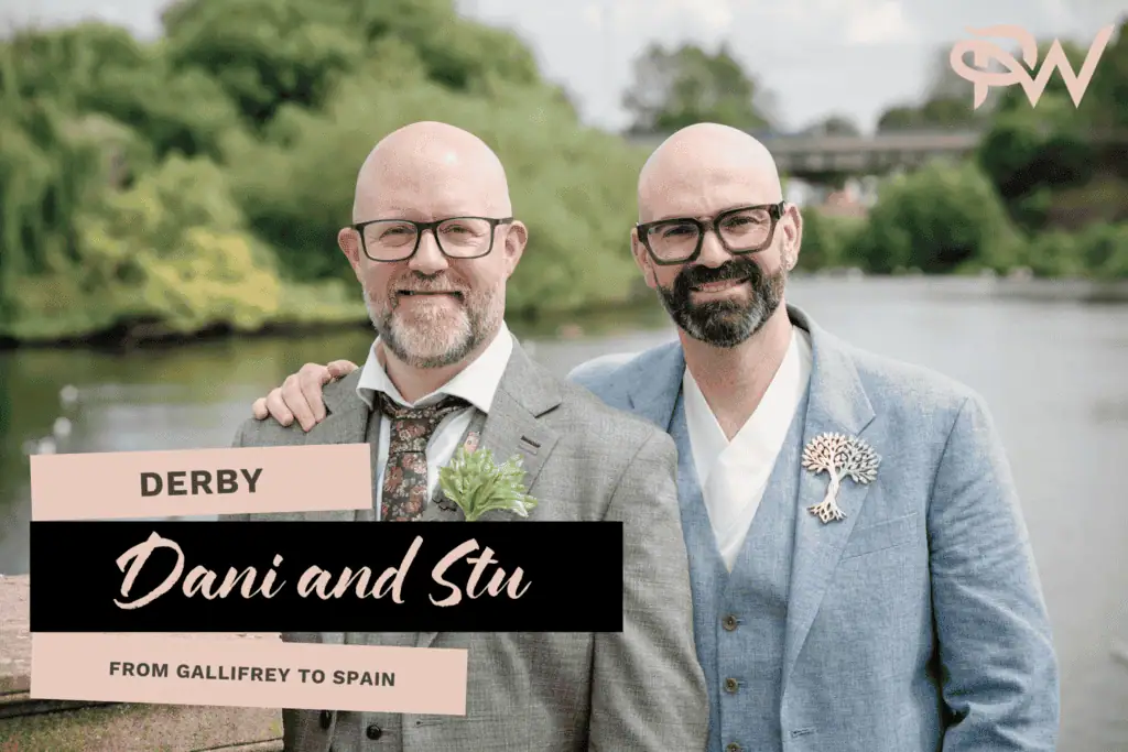 Professional wedding portrait of Dani and Stu outdoors by the river in Derby, UK, capturing their sp.