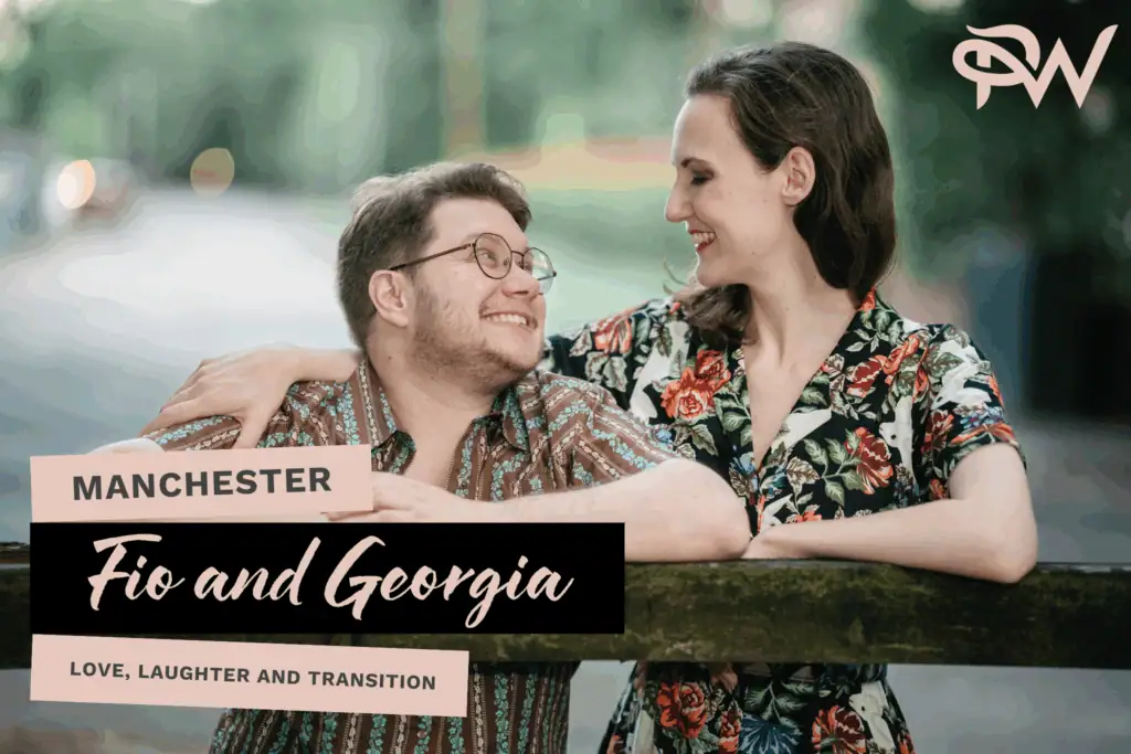 Manchester couple Fio and Georgia sharing joyful moment outdoors, celebrating love and transition.