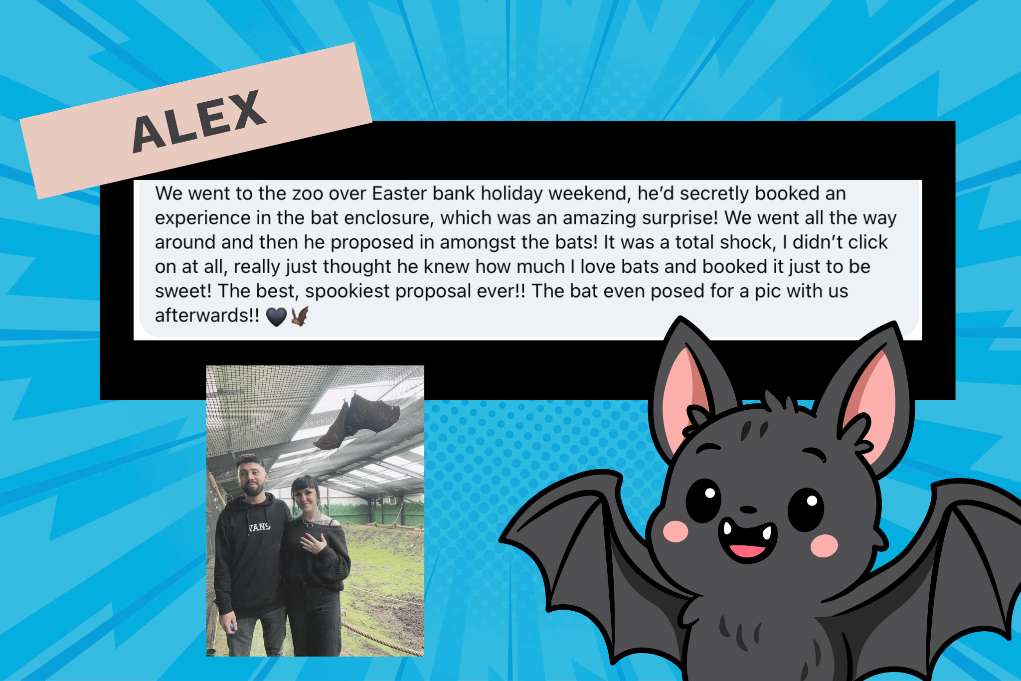 Screenshot of Alex's story where she got engaged at a zoo surrounded by bats