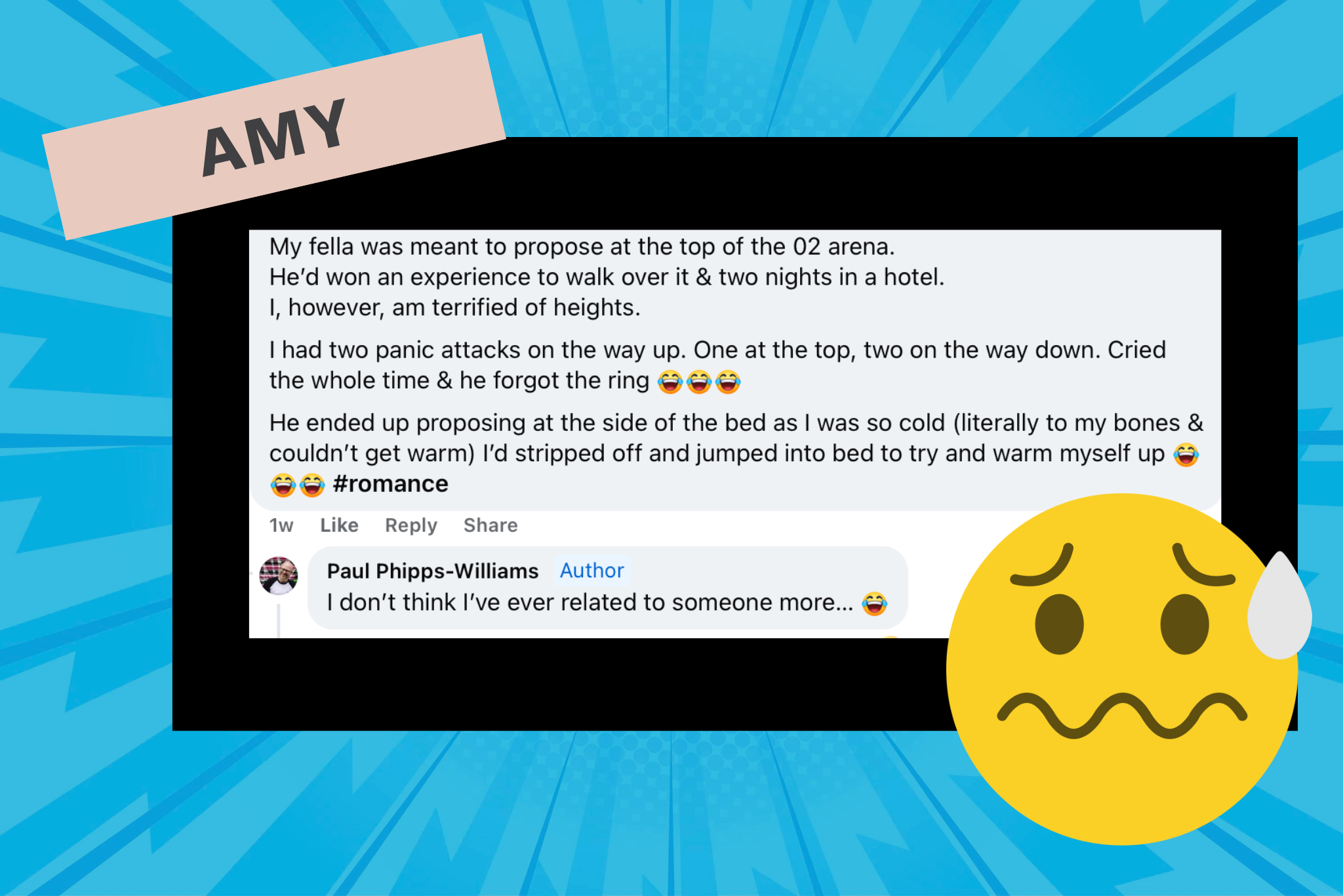 screenshot of a how to propose story about having a panic attack at the o2