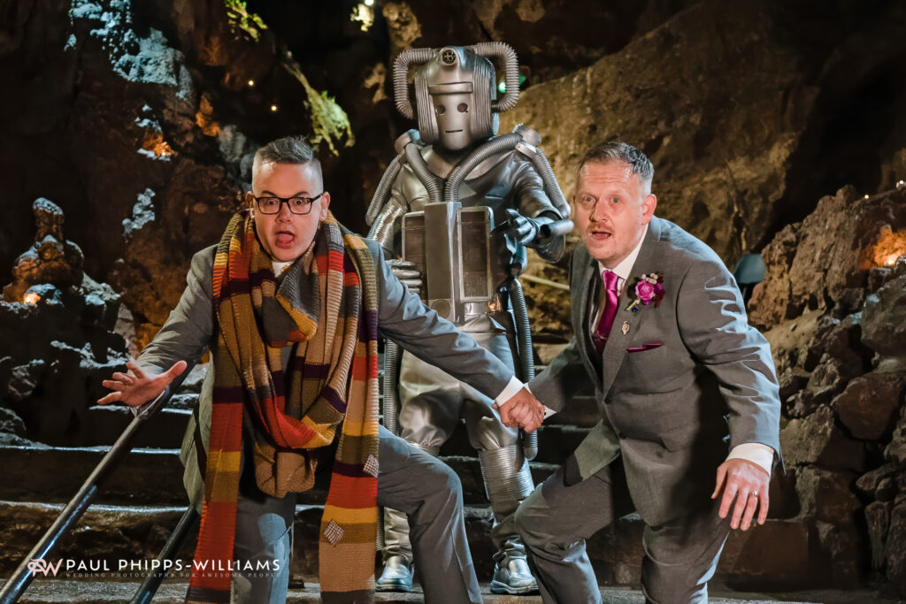 Andy and Dan's wookey hole wedding - down the steps of the Witch's Kitchen with a Cyberman