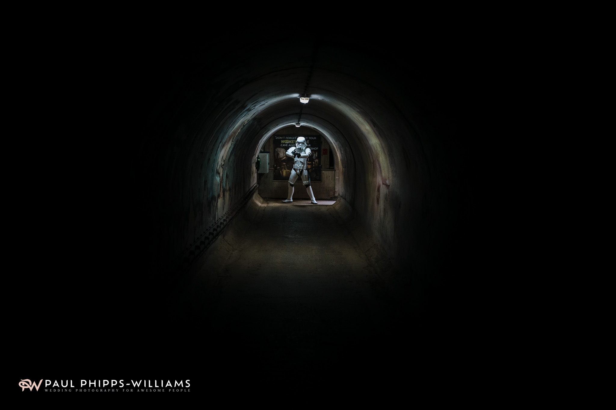 A Stormtrooper at the end of a tunnel in Wookey Hole