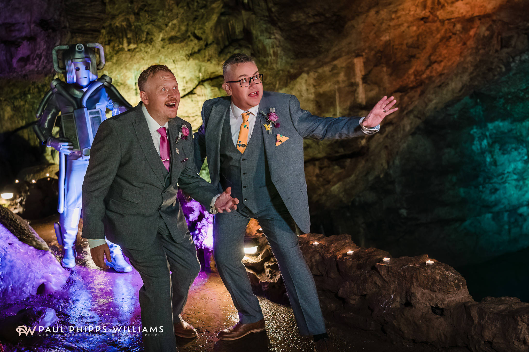 Andy and Dan's Wookey Hole Wedding. They're being chased by a Cyberman.