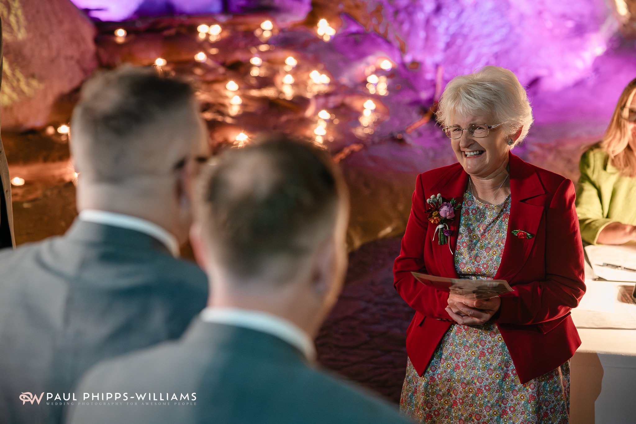A proud mother gives a speech in the Witch's Kitchen during a Wookey Hole wedding