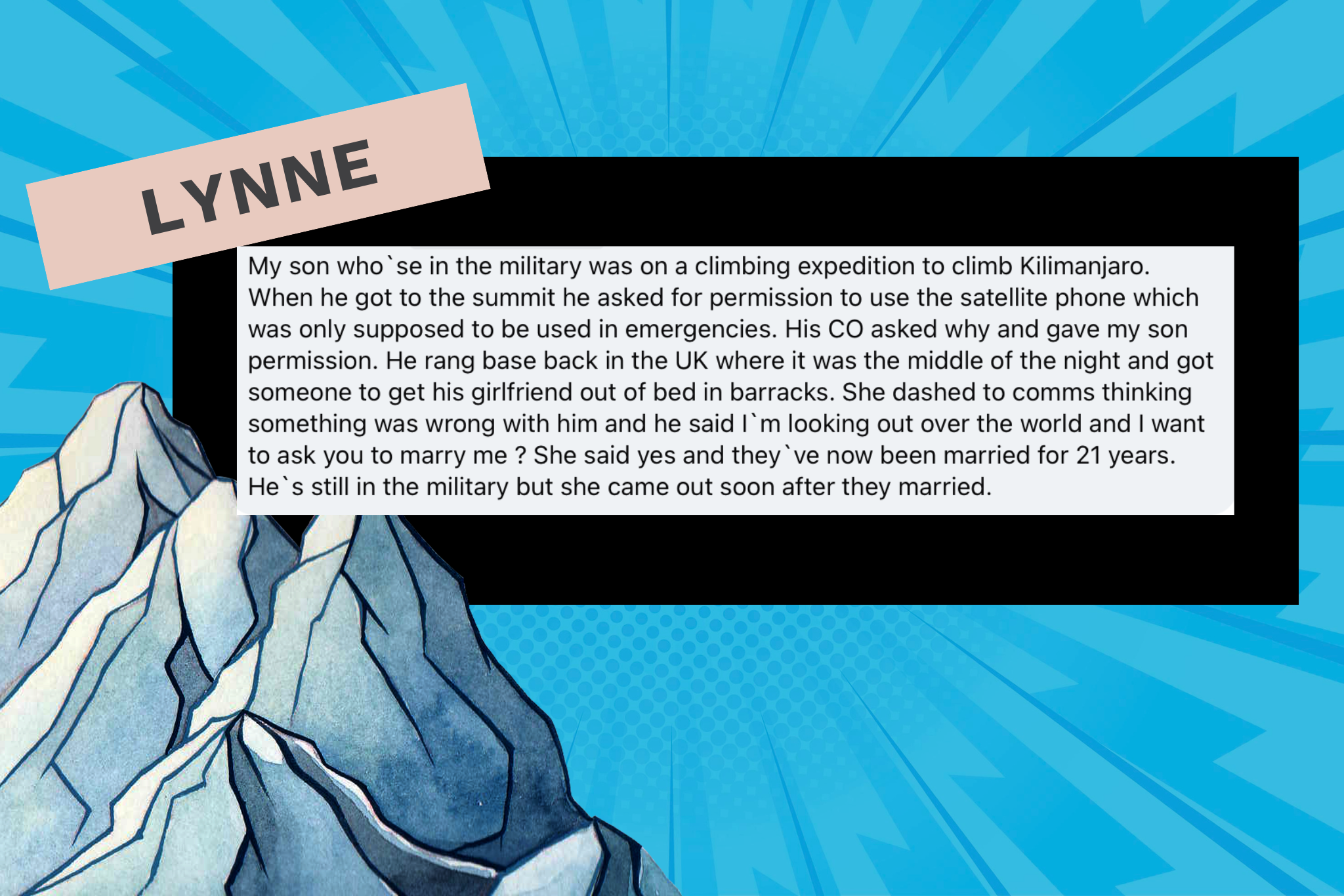 A screenshot of Lynne's story about how her son proposed at the summit of Kilanajaro