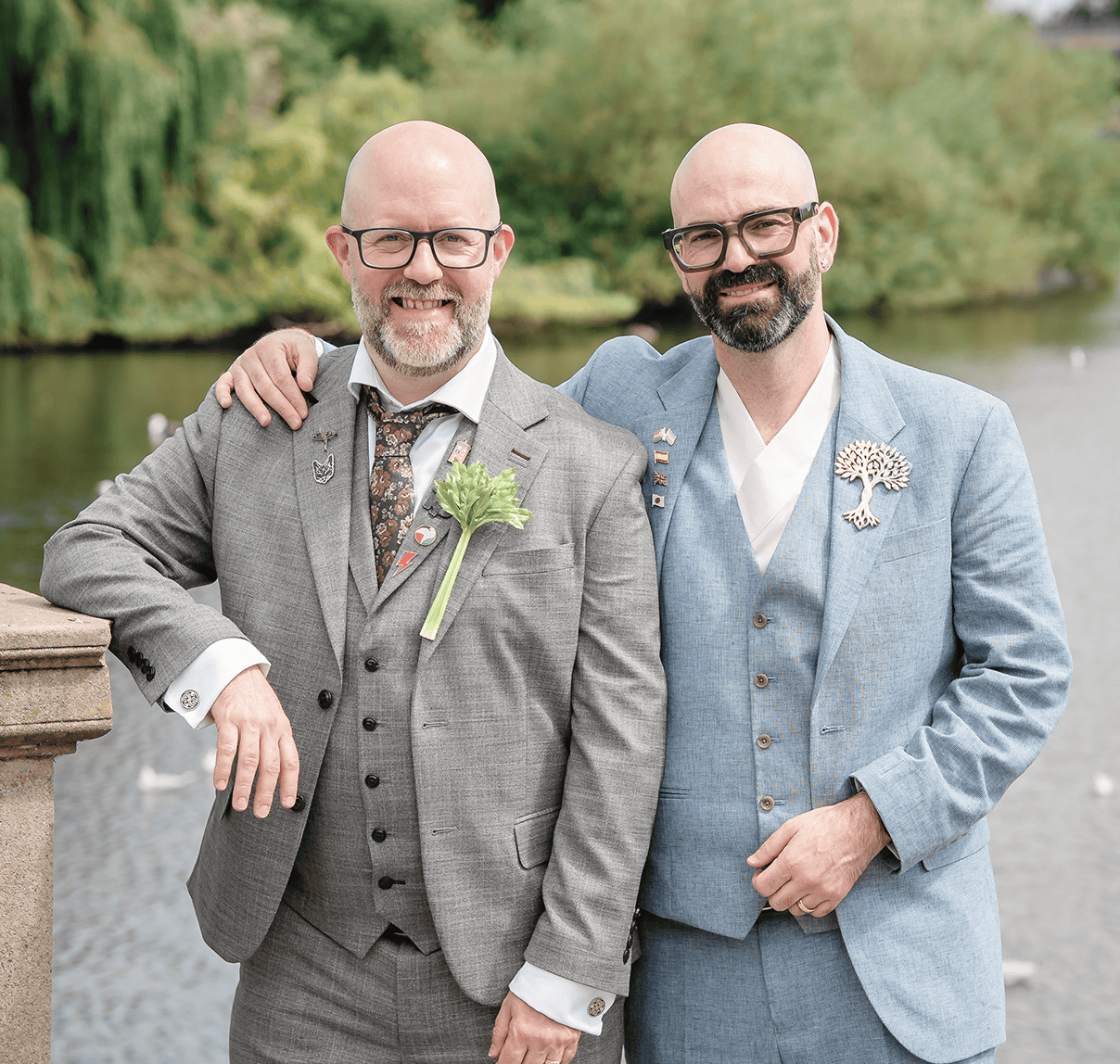 two grooms by a lake in derby taken by a gay midlands wedding photographer