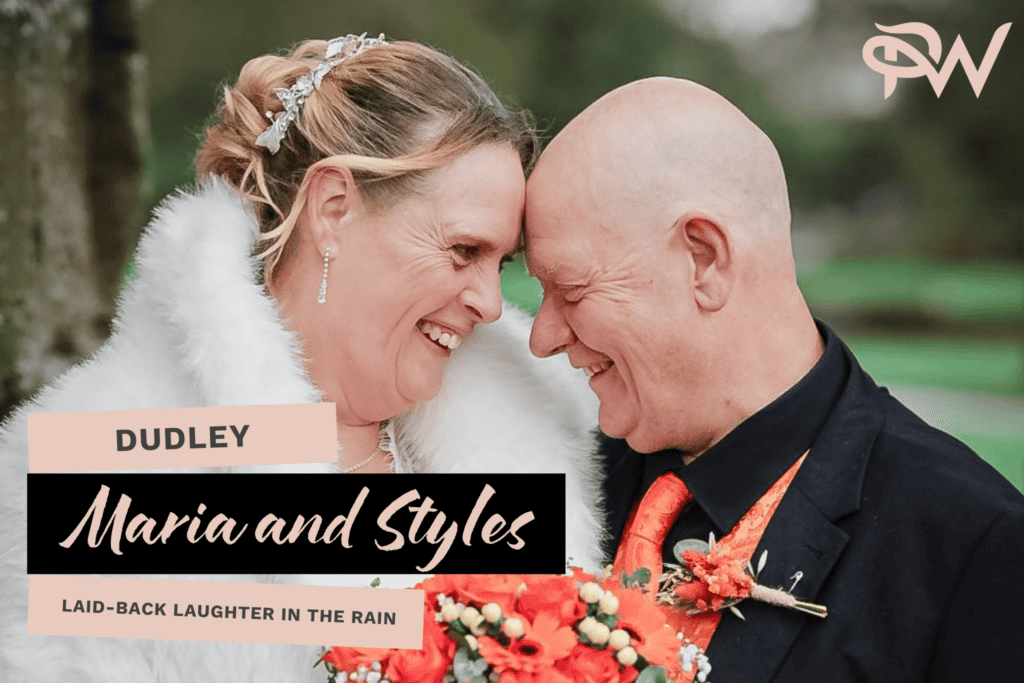 Elegant wedding portrait of Maria and Styles smiling outdoors, capturing love and happiness on their.