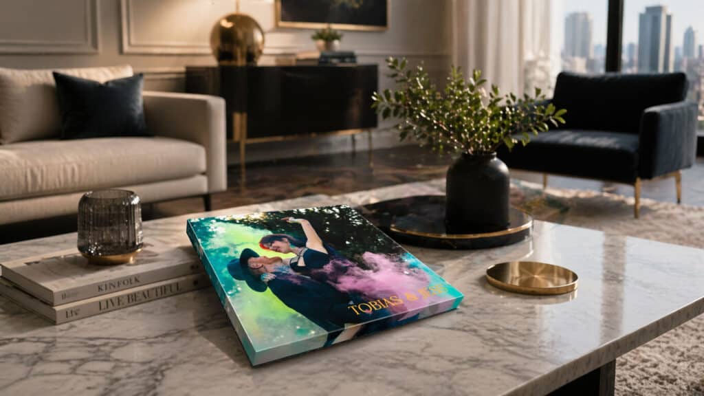 Contemporary living room featuring elegant furniture, a marble coffee table, and a cityscape view th.